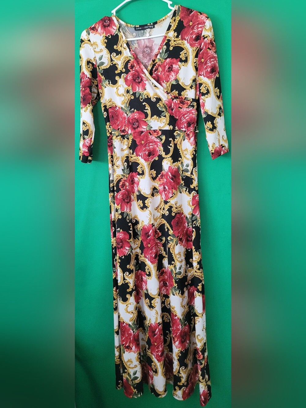 Love Chesley Sz Small Floral Wrap Maxi Dress Gold Scroll Red 1/2 Sleeve